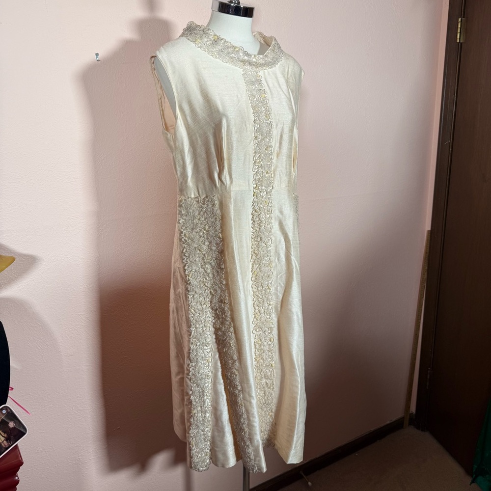Art deco 1920 1940 Antique white beaded Sleeveless Formal midi flapper Dress - Picture 14 of 16